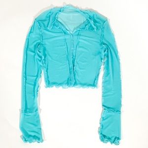 Women’s summer blue long sleeve mesh crop top